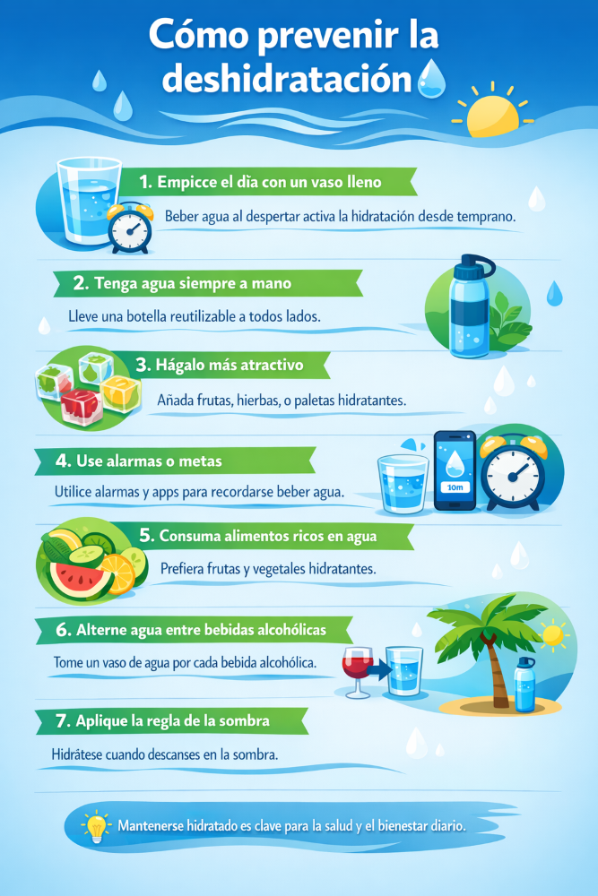 1. Empiece el día con un vaso llenoCrear el hábito de beber agua al despertar ayuda a “activar” la hidratación desde temprano y facilita alcanzar la cantidad diaria ideal. 2. Tenga agua siempre a mano Llevar una botella reutilizable aumenta las probabilidades de beber agua sin darte cuenta, ya sea en el trabajo, en casa, en la playa o en el gimnasio. 3. Hágalo más atractivo Cubos de hielo saborizados con frutas como limón o naranja, con hierbas como la menta, con ingredientes como el jengibre o incluso con especias como anís o canela pueden ser deliciosas alternativas para darle sabor al agua. También las paletas heladas caseras a base de agua y los tés contribuyen a la hidratación. Todas estas opciones, siempre que sean sin azúcar, se convierten en grandes aliados en vasos, botellas o incluso como snacks refrescantes en los días más calurosos. ¡Vale la pena probar! 4. Use alarmas o metas Aplicaciones, alarmas en el celular o botellas con marcas de horarios funcionan como recordatorios eficaces, especialmente en días agitados. “Además, ayudan a que la hidratación sea más eficiente, ya que ocurre en distintos momentos del día”, añade Ana Cristina. 5. Consuma alimentos ricos en agua Frutas como sandía, melón, piña y naranja, además de vegetales como pepino y lechuga, contribuyen a la hidratación diaria sin añadir muchas calorías. 