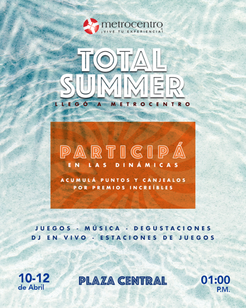 Managua, abril de 2026.- Metrocentro anuncia su vibrante evento “Total Summer”, una experiencia pensada para que las familias y visitantes disfruten de actividades llenas de entretenimiento, música y premios. Del 10 al 12 de abril, a partir de la 1:00 p.m. en la Plaza Central, los asistentes podrán sumergirse en un ambiente veraniego donde la diversión será protagonista. Durante estos días, el centro comercial ofrecerá una agenda variada que incluye juegos interactivos, música, degustaciones, DJ en vivo y estaciones de entretenimiento para todas las edades. Como parte de la dinámica, los visitantes tendrán la oportunidad de participar y acumular puntos, los cuales podrán canjear por premios increíbles, incentivando así la interacción y premiando la fidelidad de sus clientes. “Total Summer busca consolidarse como uno de los eventos más esperados de la temporada, creando un espacio donde las compras se combinan con experiencias memorables en un ambiente fresco, dinámico y familiar”, destacó Jorleny Herrera, Coordinadora de Mercadeo y Comercialización de Metrocentro. Con esta iniciativa, Metrocentro reafirma su compromiso de ofrecer propuestas innovadoras que conecten con sus visitantes, convirtiéndose en el punto de encuentro ideal durante este mes de abril.
